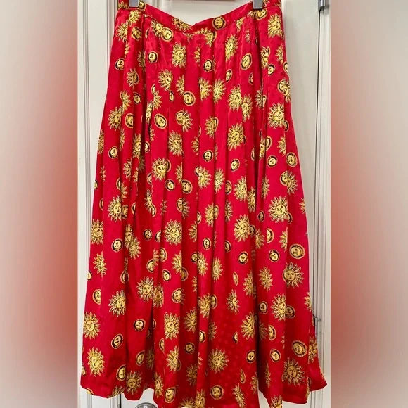 🌞 Vintage 100% Silk Celestial Sun & Moon Maxi Skirt | Lined | Size 14 - Picture 2 of 4